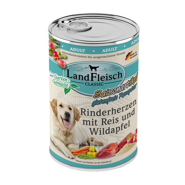 LandFleisch Dog Classic Rinderherzen mit Reis, Wildapfel und Gartengemüse 400g Hundenassfutter