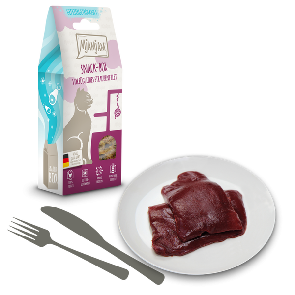 MjAMjAM - Snackbox - vorzügliches Straußenfilet 40g Katzenleckerli