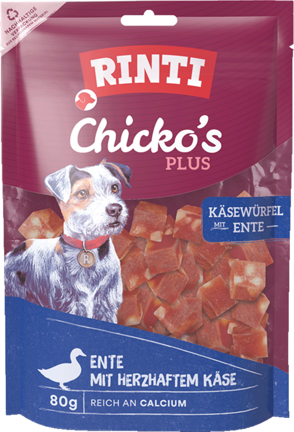 Rinti Chicko Plus Käsewürfel mit Ente   |  Beutel   |  80g Hundeleckerli
