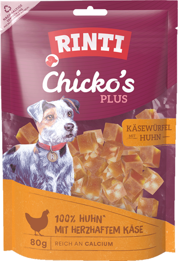 Rinti Chicko Plus Käsewürfel mit Huhn   |  Beutel   |  80g Hundeleckerli