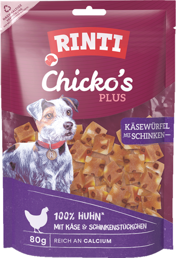 Rinti Chicko Plus Käse-Schinken-Würfel   |  Beutel   |  80g Hundeleckerli