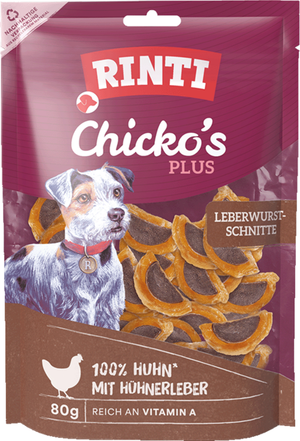 Rinti Chicko Plus Leberwurstschnitten   |  Beutel   |  80g Hundeleckerli