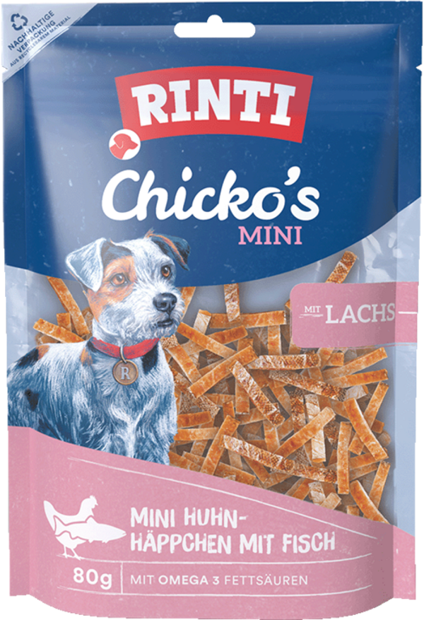 Rinti Chicko Mini Häppchen mit Lachs   |  Beutel   |  80g Hundeleckerli