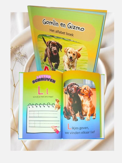 Het alfabet boek full-color van Gomlin en Gizmo — alfabet boek kinderen hardcover, letters leren kleuter