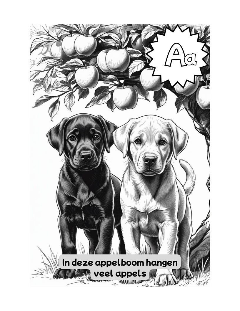 Pagina 1 – Herkennen: de letter A met Gomlin en Gizmo bij een appelboom