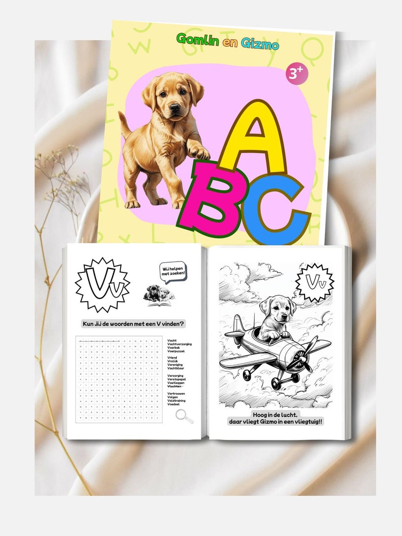 Voorbeeldpagina uit Het ABC alfabet boek van Gomlin en Gizmo