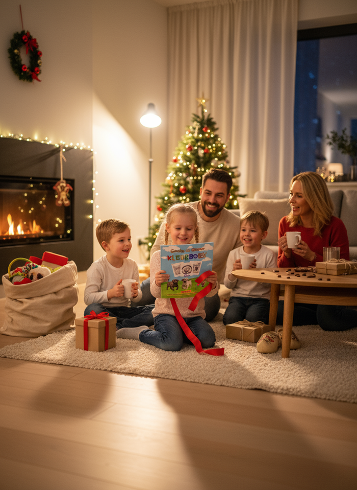 Gezin dat samen Gomlin en Gizmo boek leest bij de kerstboom