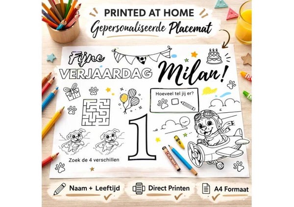 Gepersonaliseerde Kleurplaat / Placemat met naam & leeftijd!