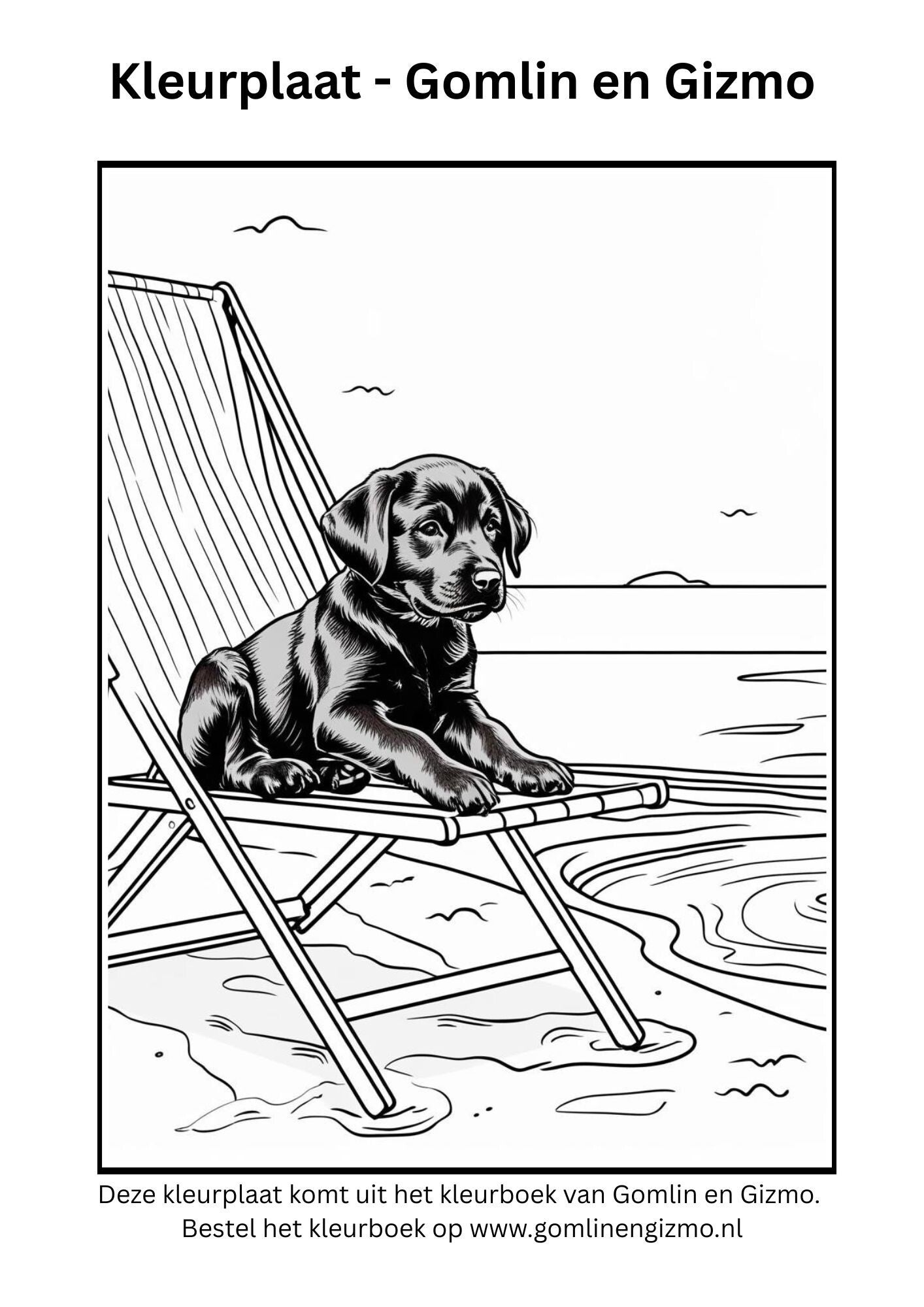 Gomlin de pup in een strandstoel — gratis kleurplaat