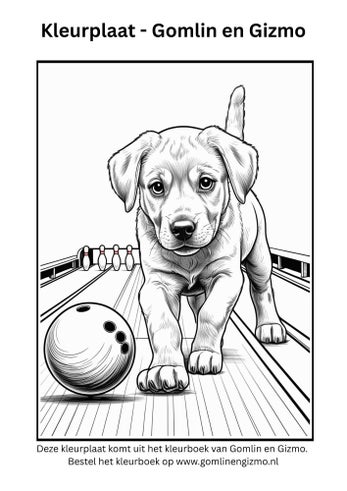 Kleurplaat: puppy op de bowlingbaan