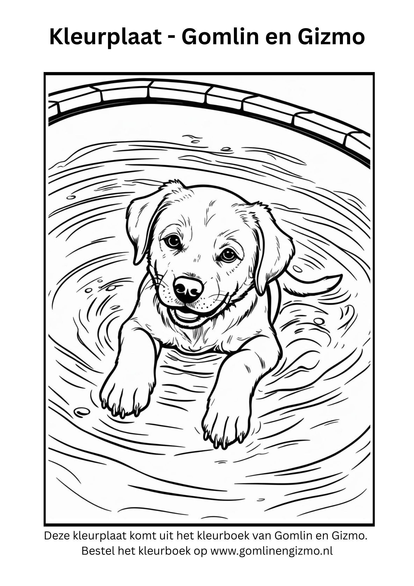 Puppy in het zwembadje — gratis kleurplaat
