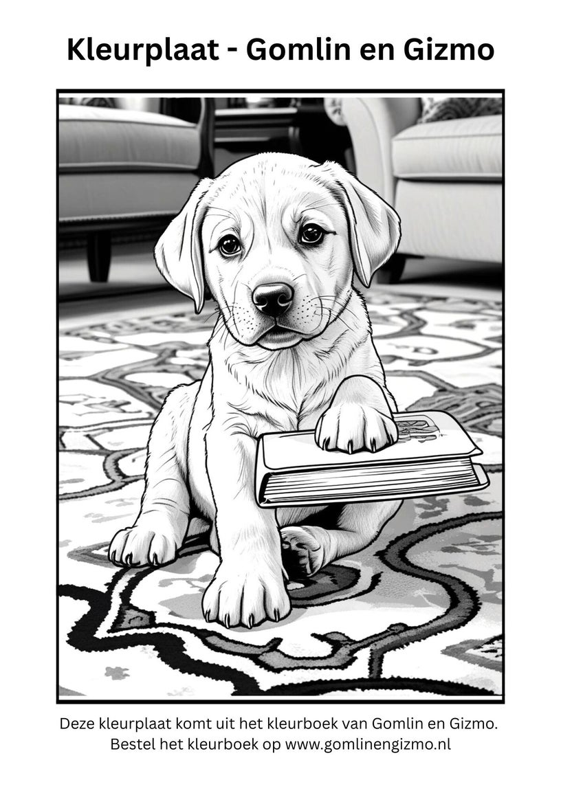 Kleurplaat puppy spelend