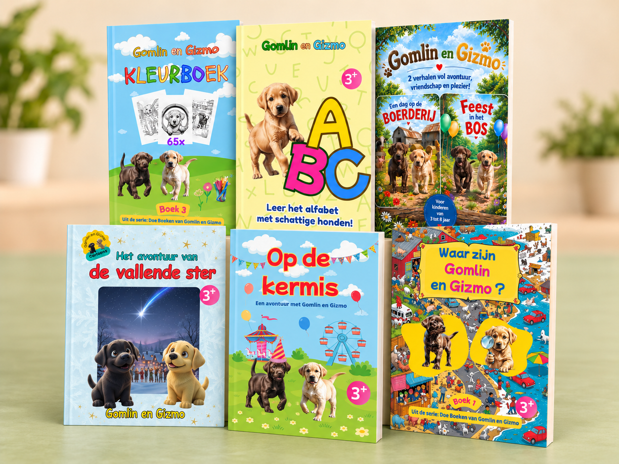 Drie kinderboeken van Gomlin en Gizmo: het kleurboek, ABC-leerboek en prentenboek met twee verhalen