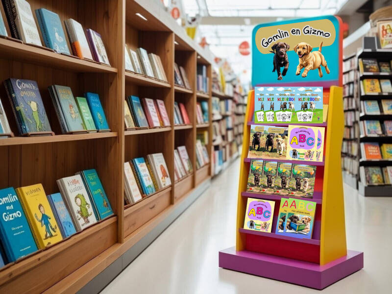 Presentatie van Gomlin en Gizmo boeken in een winkel