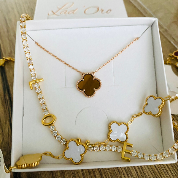 Halskette "Clover“ Tiger Ey Rosé