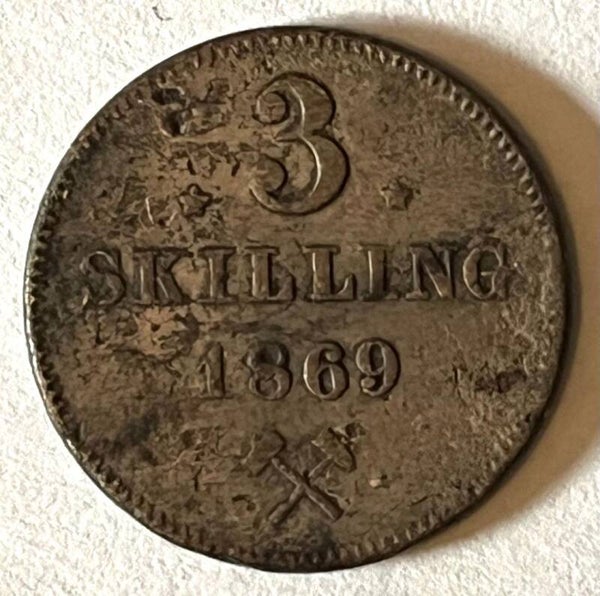 Norge 3 skilling 1869 stjerner. Carl XV