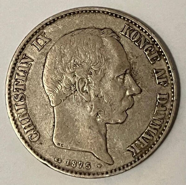 Denmark 2 kroner 1875 silver coin - Danmark sølv mynt
