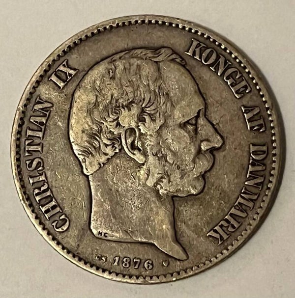 Denmark 2 kroner 1876 silver coin - Danmark sølv mynt