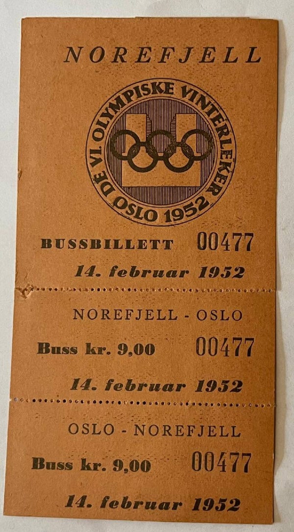 OL Oslo 1952 bussbillett med talonger Norefjell 14.februar