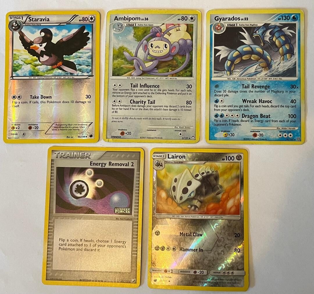 Pokemon kort hologram 2005-2017 - Lairon, Gyrados, Ambipom, Staravia & Trainer
