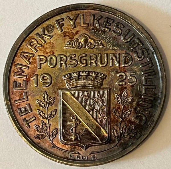 Telemark fylkesutstilling Porsgrund 1925 sølv medalje med eske