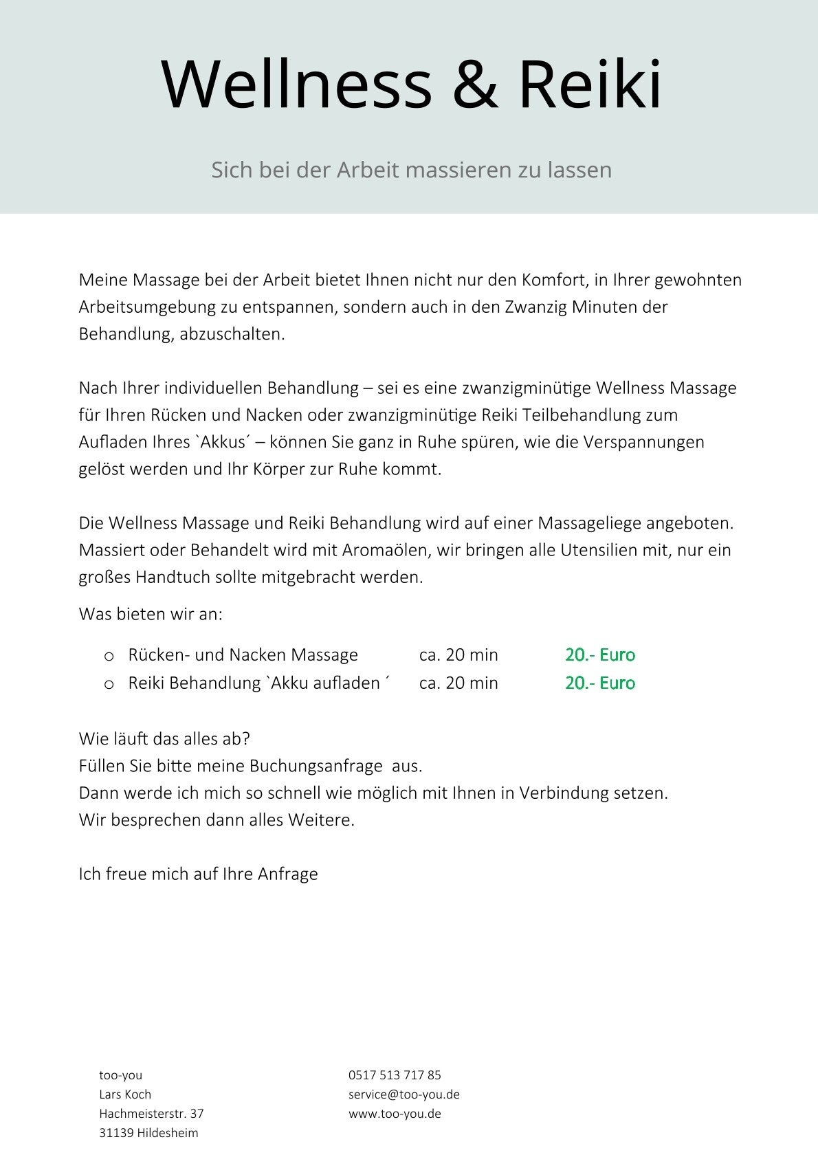 Wellness Reiki am Arbeitsplatz Flyer