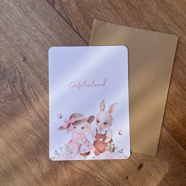 Kinderkaart Familie Konijn - gefeliciteerd
