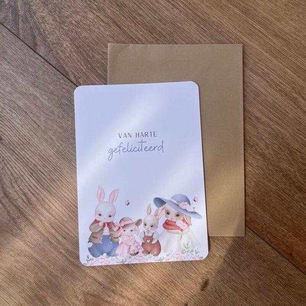 Kinderkaart Familie Konijn - van harte gefeliciteerd