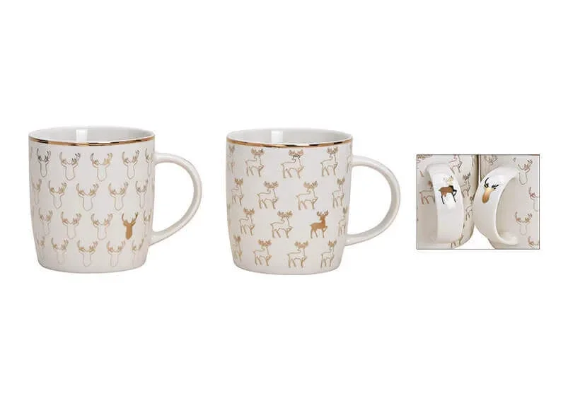 Mok | Mokkenset | Rendier | Goud | Wit | Porselein | 340ml | Set van 2