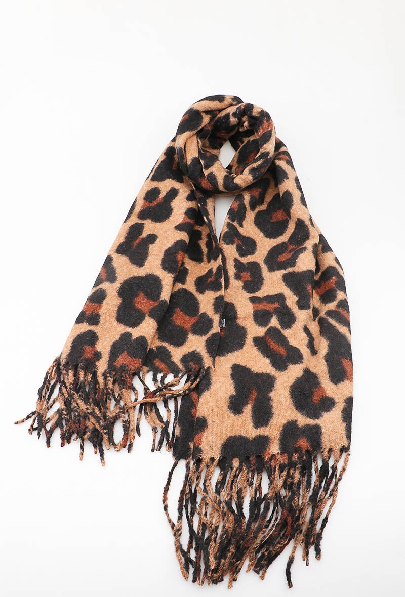 Sjaal | Wintersjaal | Luipaardprint | Panterprint | Camel | 90x180cm | Viscose | Wol