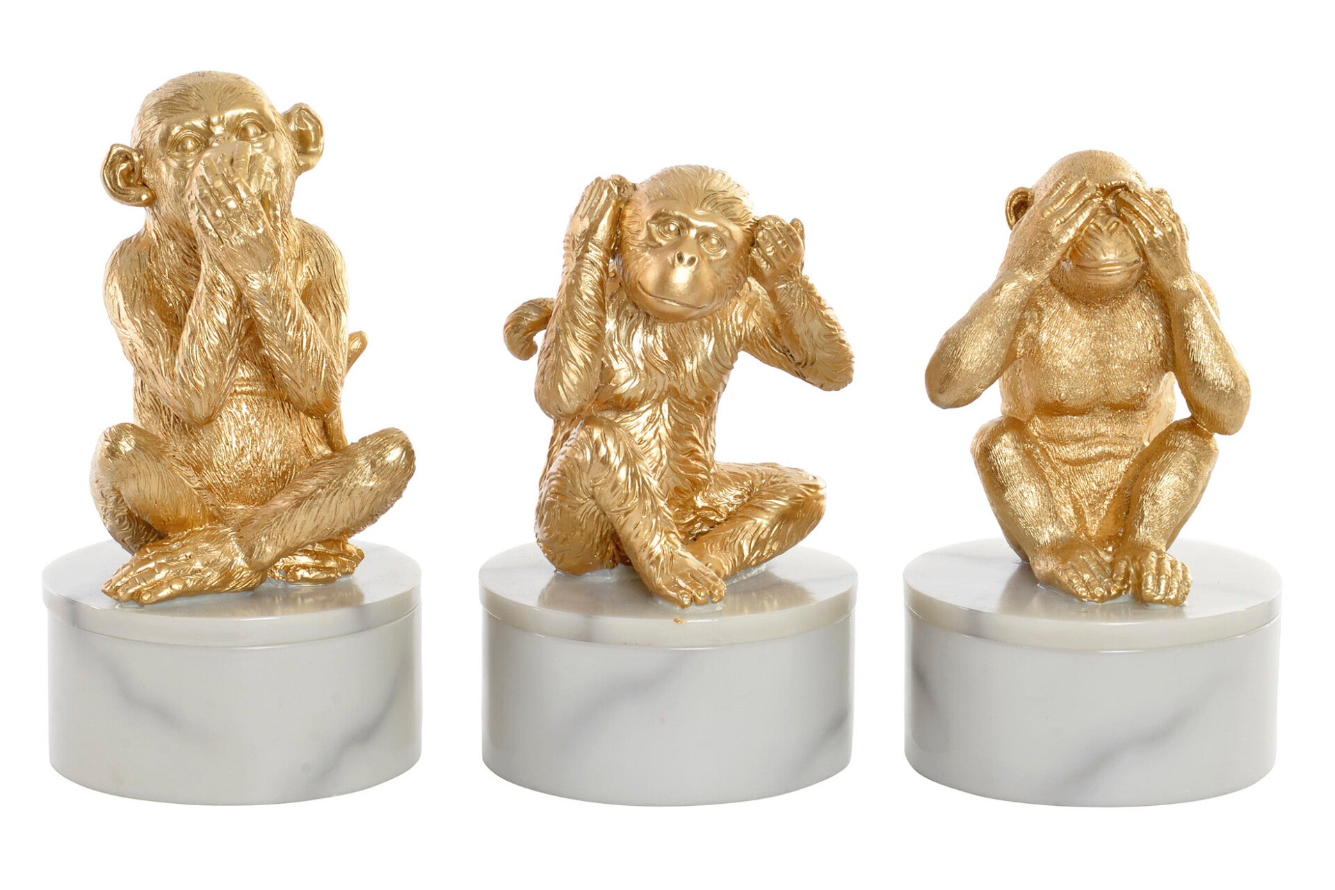 Beeld | Potjes | Aap | Horen, zien & zwijgen | Goud, marmerlook | Set van 3 | Polyresin | Ø 10,5 x 18,5cm