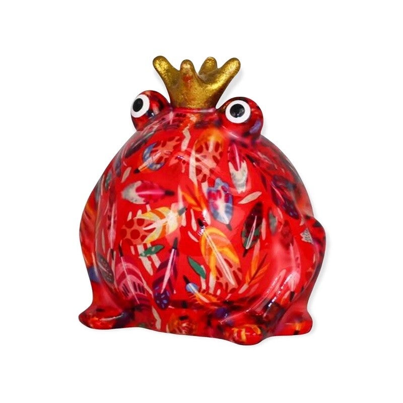 Decoratieve spaarpot Kikker Freddy in rood met veren (plumetis)