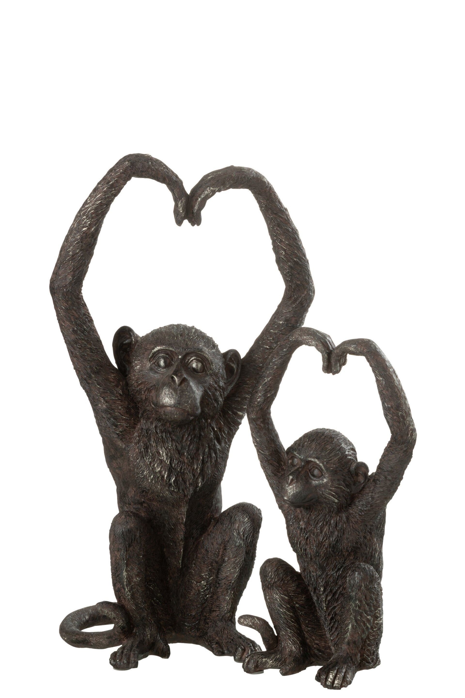 Beeld | Aap | Hart | J-Line | Bruin | Polyresin | Set, groot of klein | L: 33 cm, S: 22,5 cm