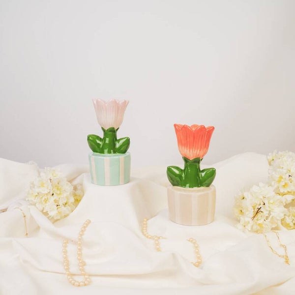 🌷 Kaarsenhouder Tulp in Gestreept Potje – 17,5 cm | Housevitamin in 3 kleurencombinaties