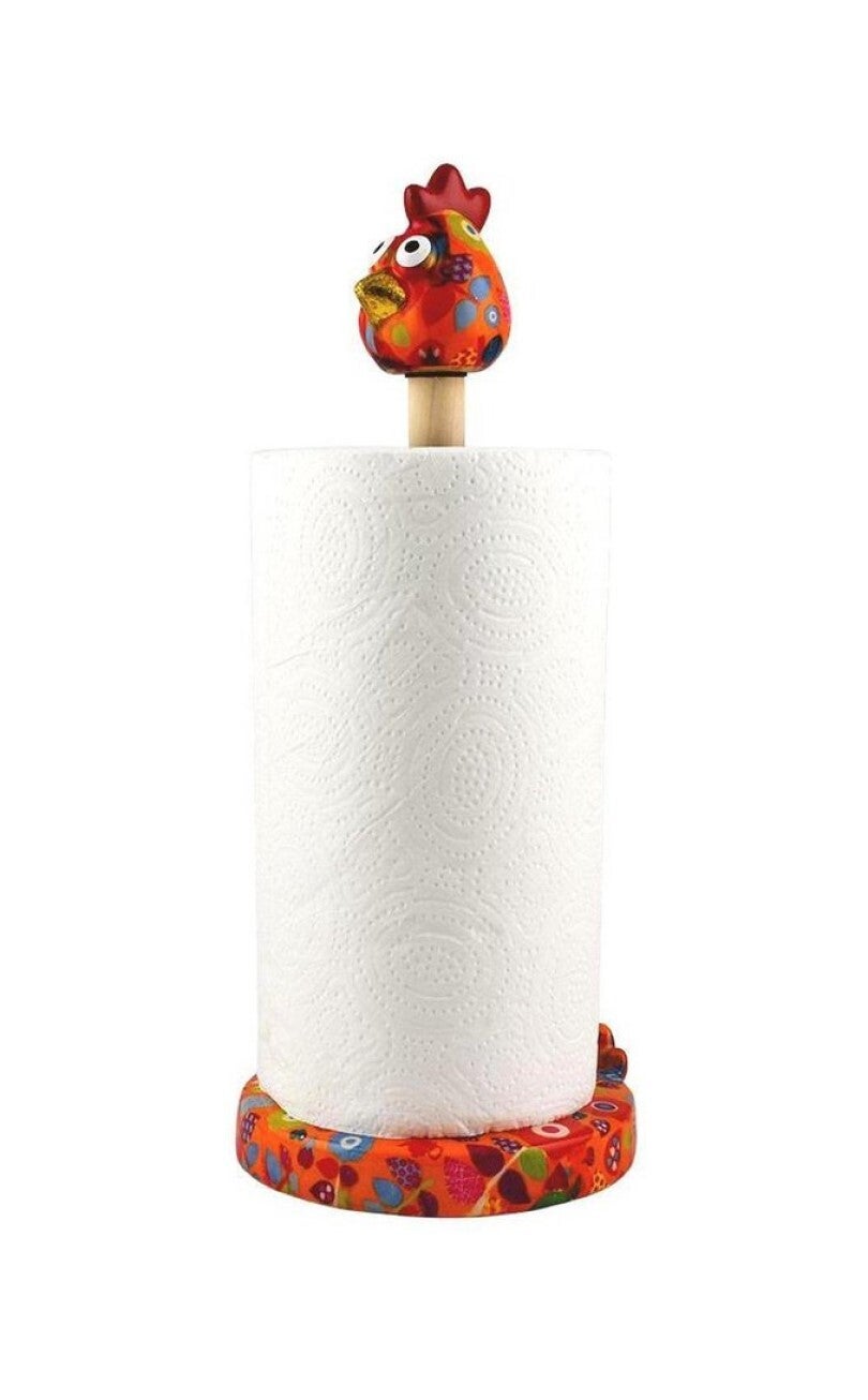 Keukenrolhouder kip Matilda in oranje met figuurtjes en plantjes (tea for two)