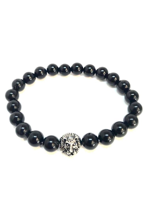 Kralenarmband met leeuwenkop zwart glimmend