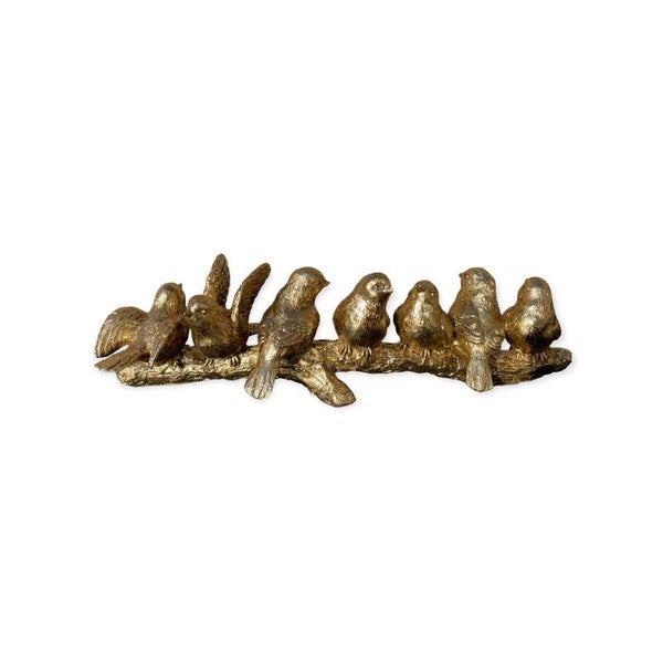 Beeld van 7 vogels op een tak in goud