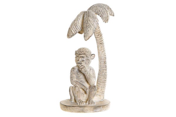 Beeld | Aap | Palmboom | Whitewash | Polyresin | 15x12x29cm