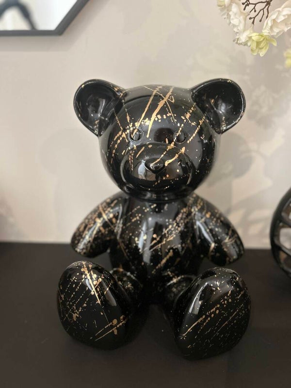 Beeld | Beer | Teddy | Zwart | Gouden Splash | Zittend | 34cm |