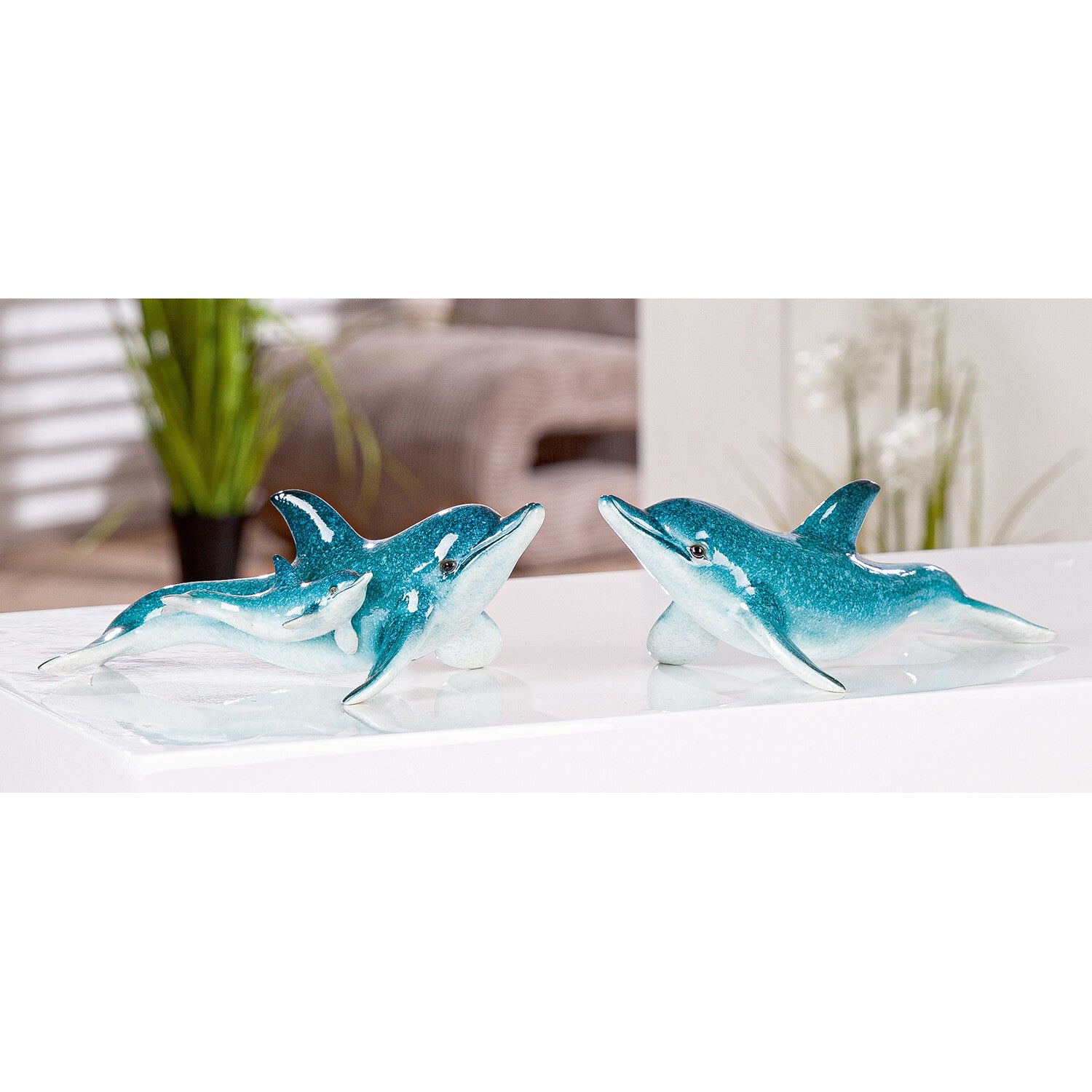 Polyresin Dolfijn Beelden – Luxe Maritieme Decoratie | 10 x 19,5 cm & 9,5 x 20 cm