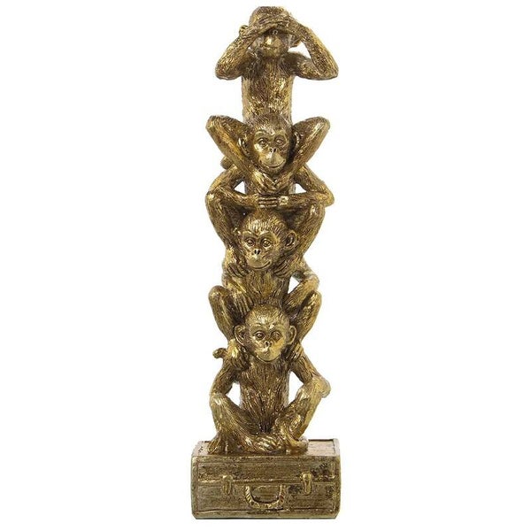 Beeld | Aap | Apen gestapeld | Totempaal | Koffer | Goud | H: 29cm