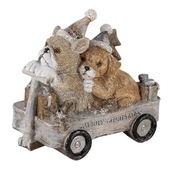Beeld | Honden | Kar | Merry Christmas | Beige | Clayre & Eef | Polyresin | 10x6x9cm