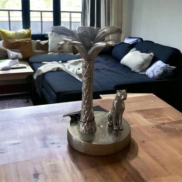 Kandelaar | Panter | Palmboom | Zilver | Colmore | Aluminium | 13x13x21cm