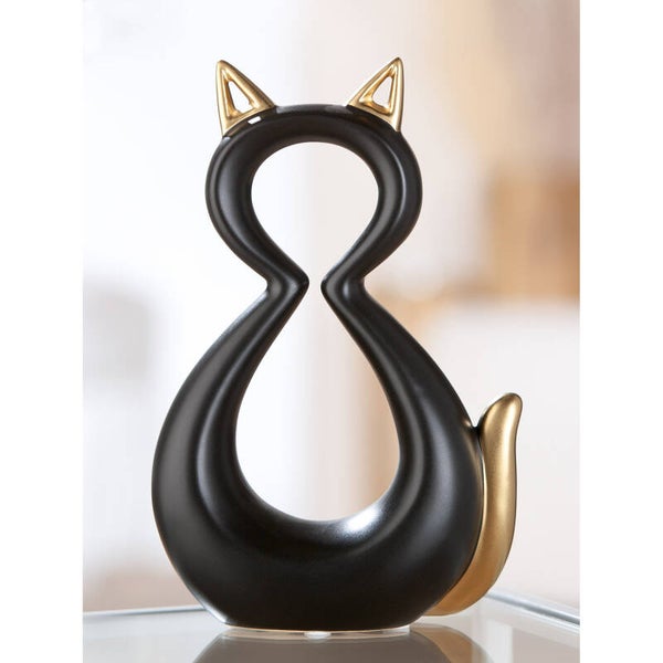 Beeld | Kat | Artistiek | Zwart | Goud | Keramiek | 7x14x22cm