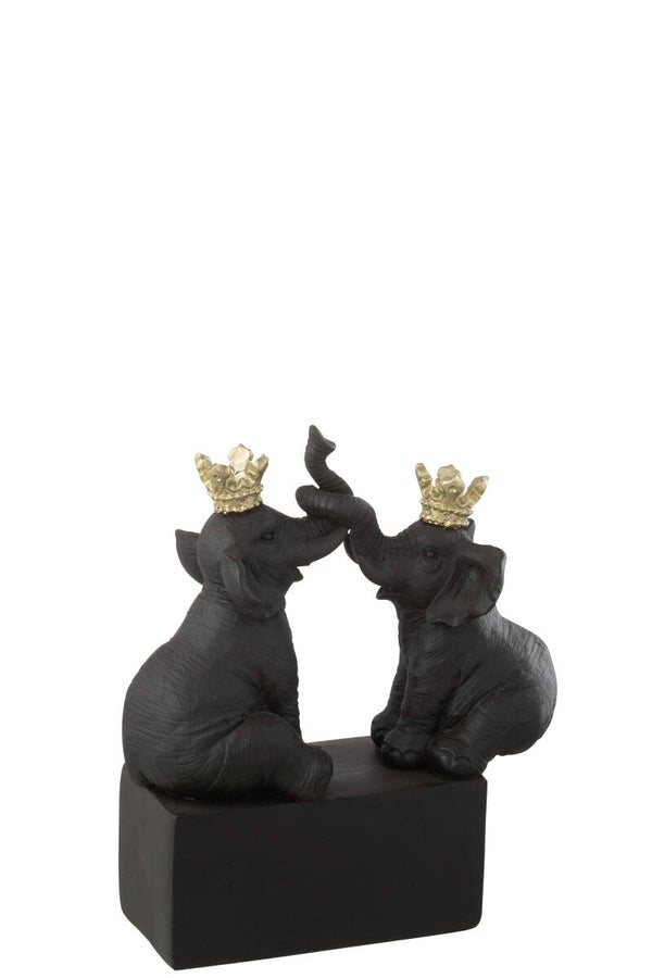 Beeld | Olifanten | Sokkel | Zwart | Kroon | J-line | 19x7,5x21cm