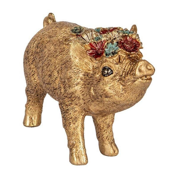 🐷 Golden Piggy – Varkensbeeldje met Bloemenkroon | Clayre & Eef 20x7x13 cm