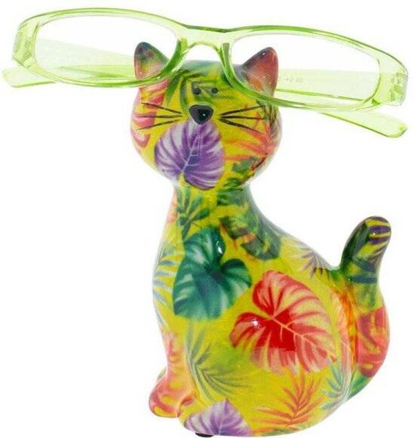 Decoratieve brilhouder kat Caramel geel met bladeren