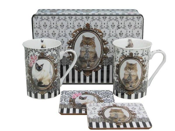 Blik met 2 mokken en 2 onderzetters met katten / poezen print