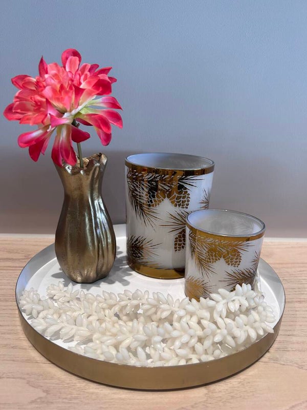 Tafeldecoratie Set | Wit | Goud | Theelichthouders Dennenappel | Vaasje met bloem