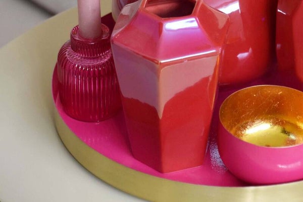 Dienblad rond fuchsia roze met goud in 2 maten